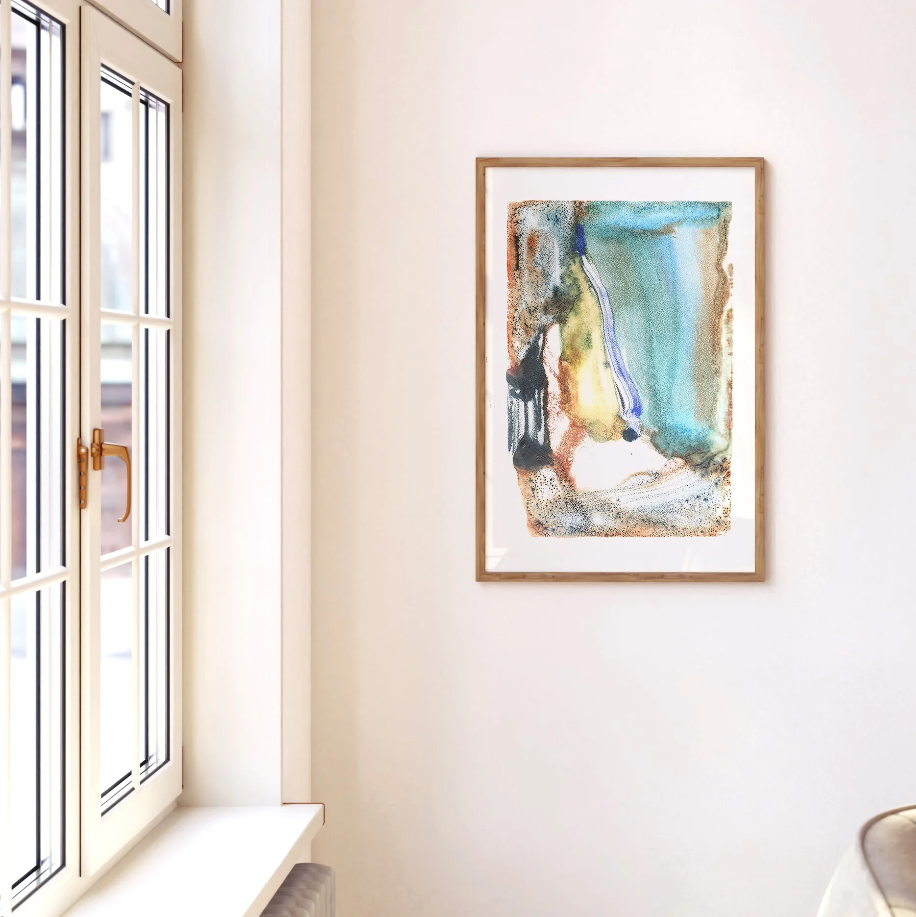 Sediment by Melissa McGill displayed in a natural wood frame beside tall windows in a light-filled interior, showing its turquoise field and descending blue-violet passage.