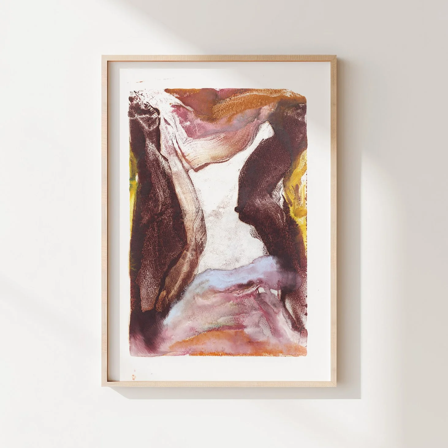 Erosion by Melissa McGill, abstract encaustic monotype on abaca paper with deep burgundy and brown forms surrounding a pale central opening, accented by rose, lavender, and golden yellow.