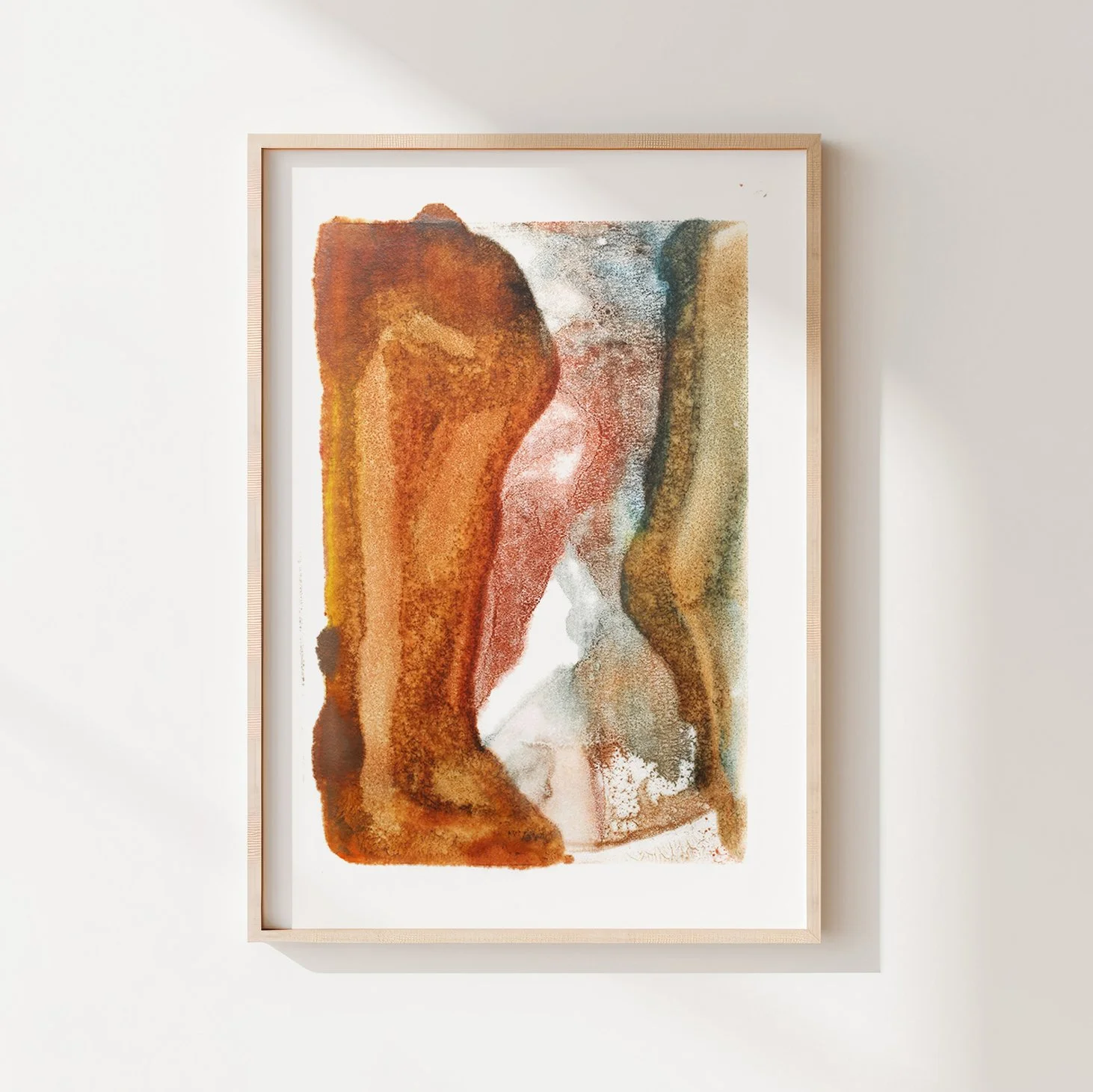 Arroyo by Melissa McGill, abstract encaustic monotype on abaca paper with a large rust-orange form opposite olive, ochre, and blue-gray fields, separated by a pale irregular channel.