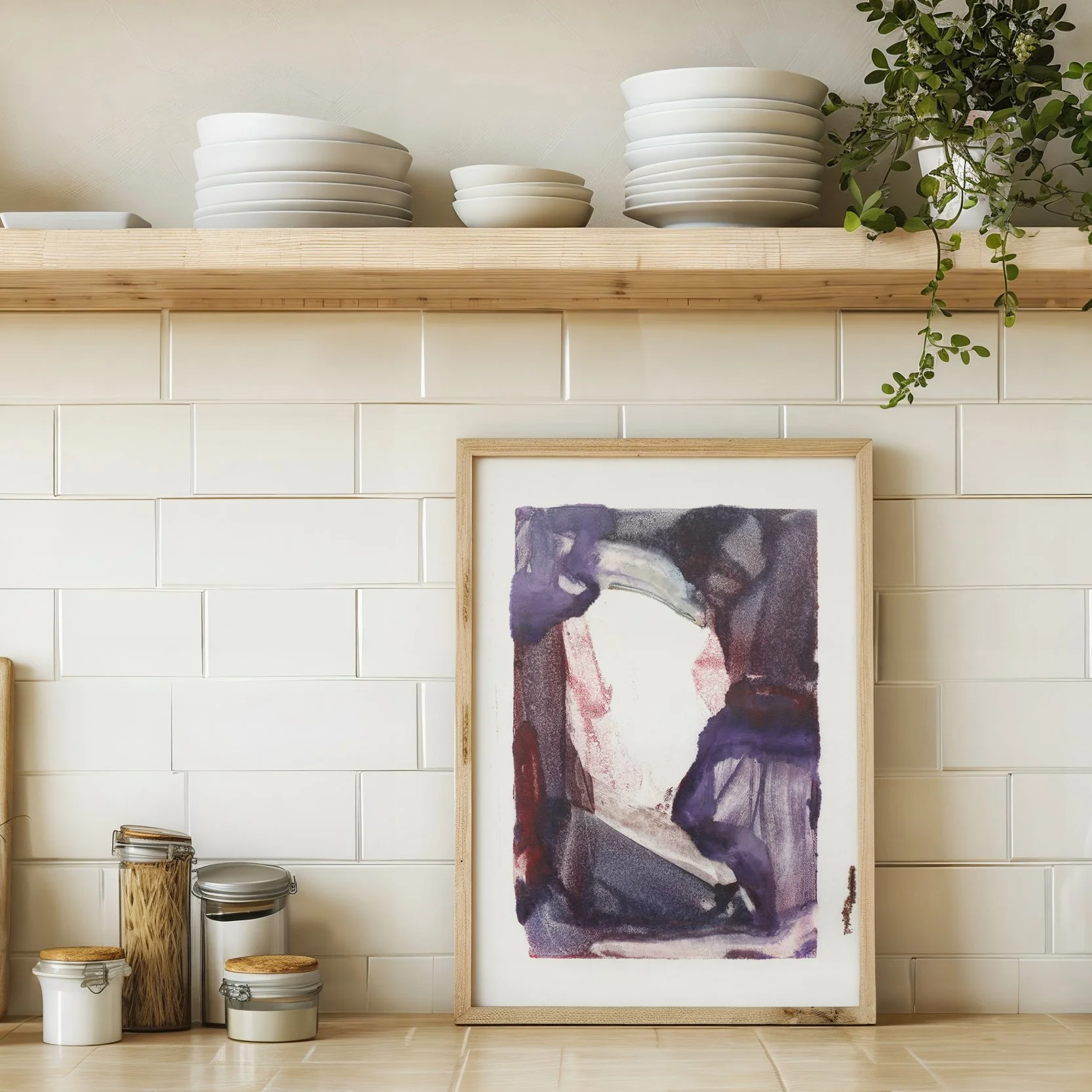 Dormancy by Melissa McGill displayed in a natural wood frame on a kitchen counter beneath open wooden shelving and white ceramic dishes.