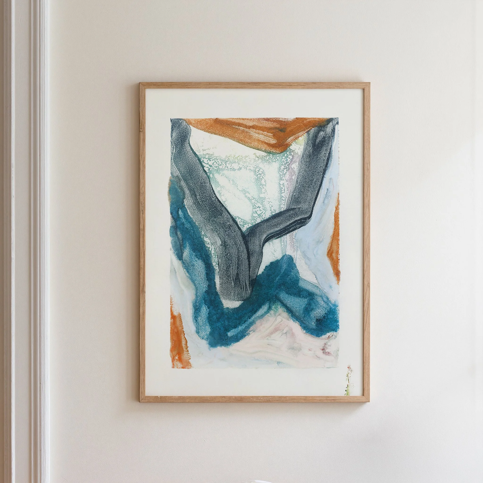 Tributary by Melissa McGill displayed in a natural wood frame, with a dark branching form extending through turquoise and deep blue beneath a pale aqua interior and rust-orange upper edge.