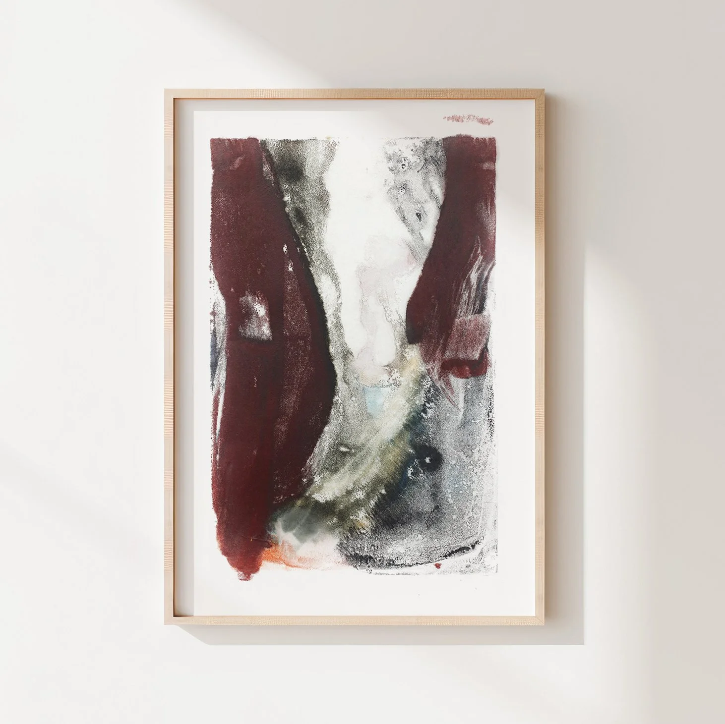 Ravine by Melissa McGill, abstract encaustic monotype on abaca paper with deep burgundy forms enclosing a pale central passage above curved olive-green, blue-gray, and charcoal textures.