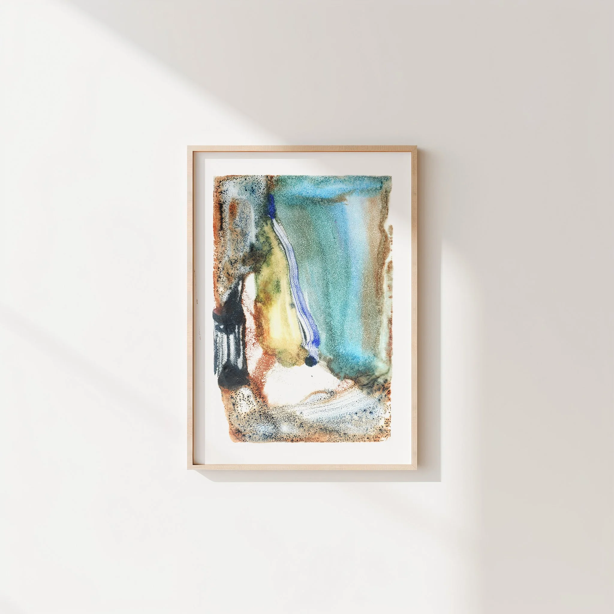 Sediment by Melissa McGill, abstract encaustic monotype on abaca paper with turquoise, blue-violet, ochre, rust, charcoal, and pale yellow forms, displayed in a natural wood frame.