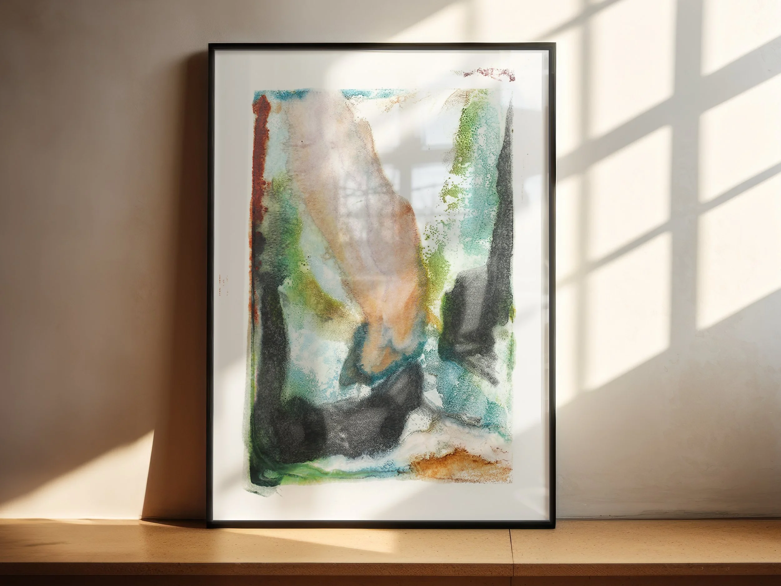 Seep by Melissa McGill displayed in a black frame on a sunlit shelf, with translucent turquoise and pale mineral tones moving between dense charcoal and green forms.