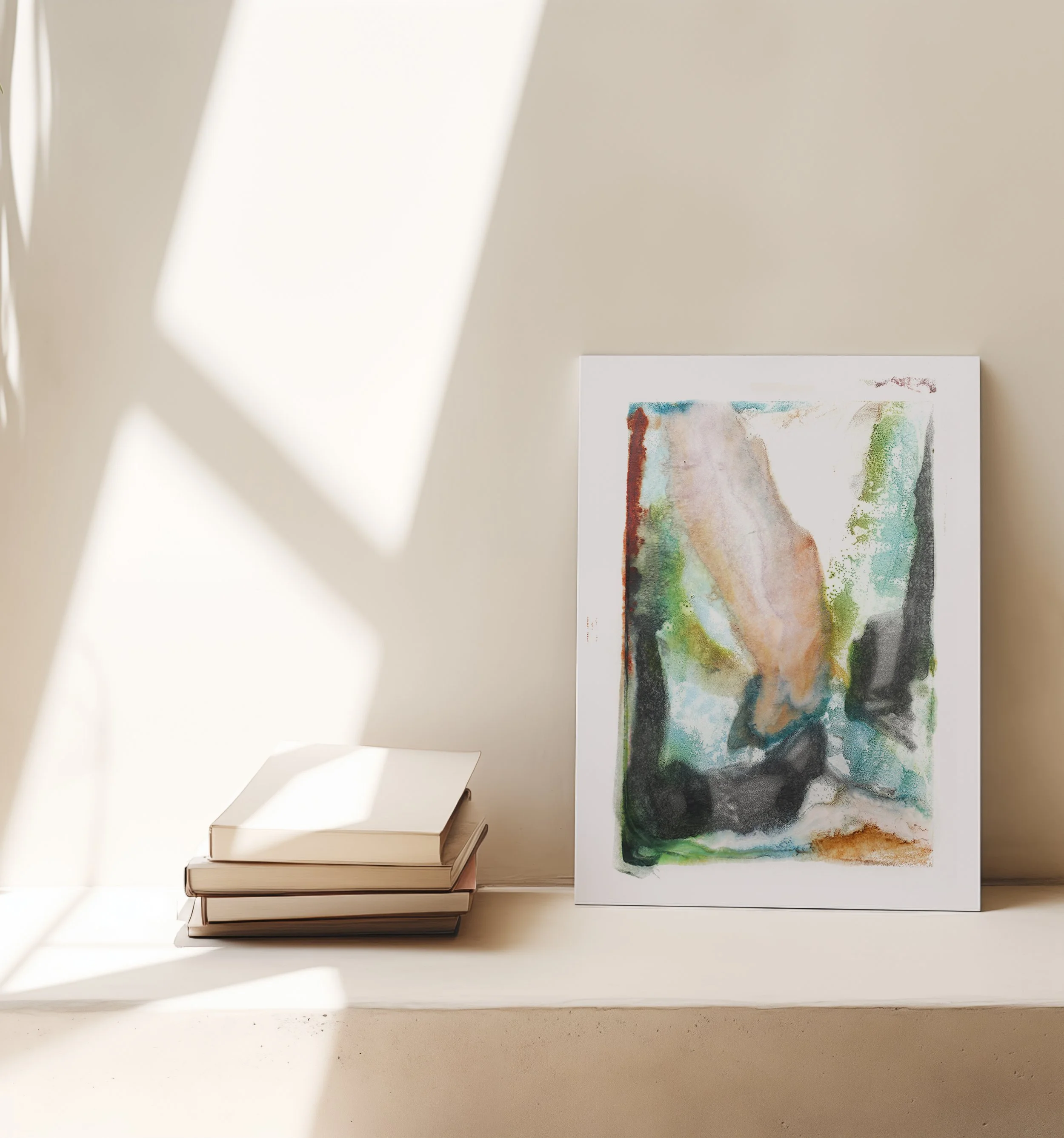 Seep by Melissa McGill, abstract encaustic monotype on abaca paper with turquoise, pale peach, green, charcoal, and rust forms, displayed beside a stack of books.