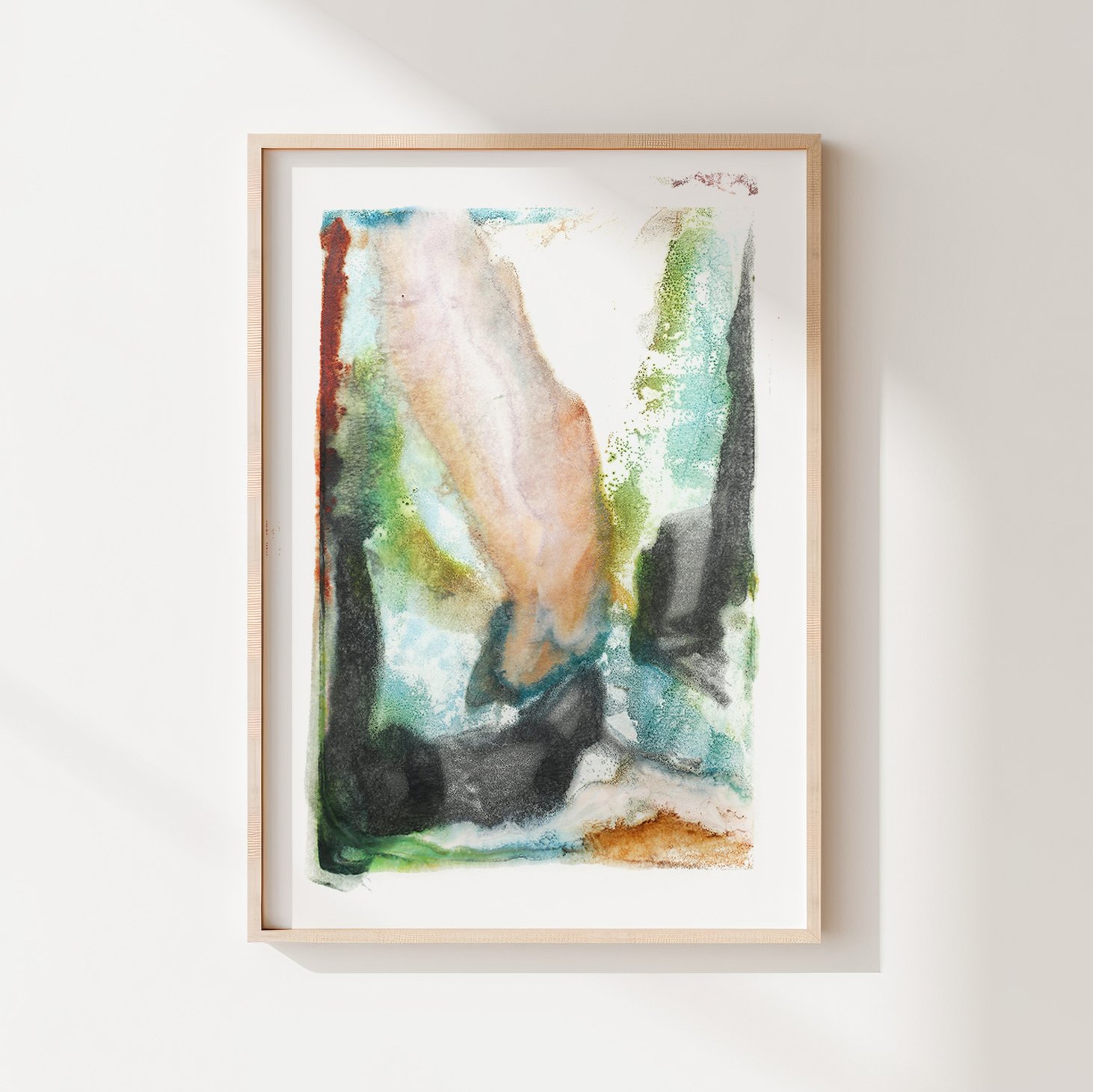 Seep, abstract encaustic monotype on abaca paper by Melissa McGill, with turquoise and pale mineral passages filtering through charcoal, green, peach, and rust forms.