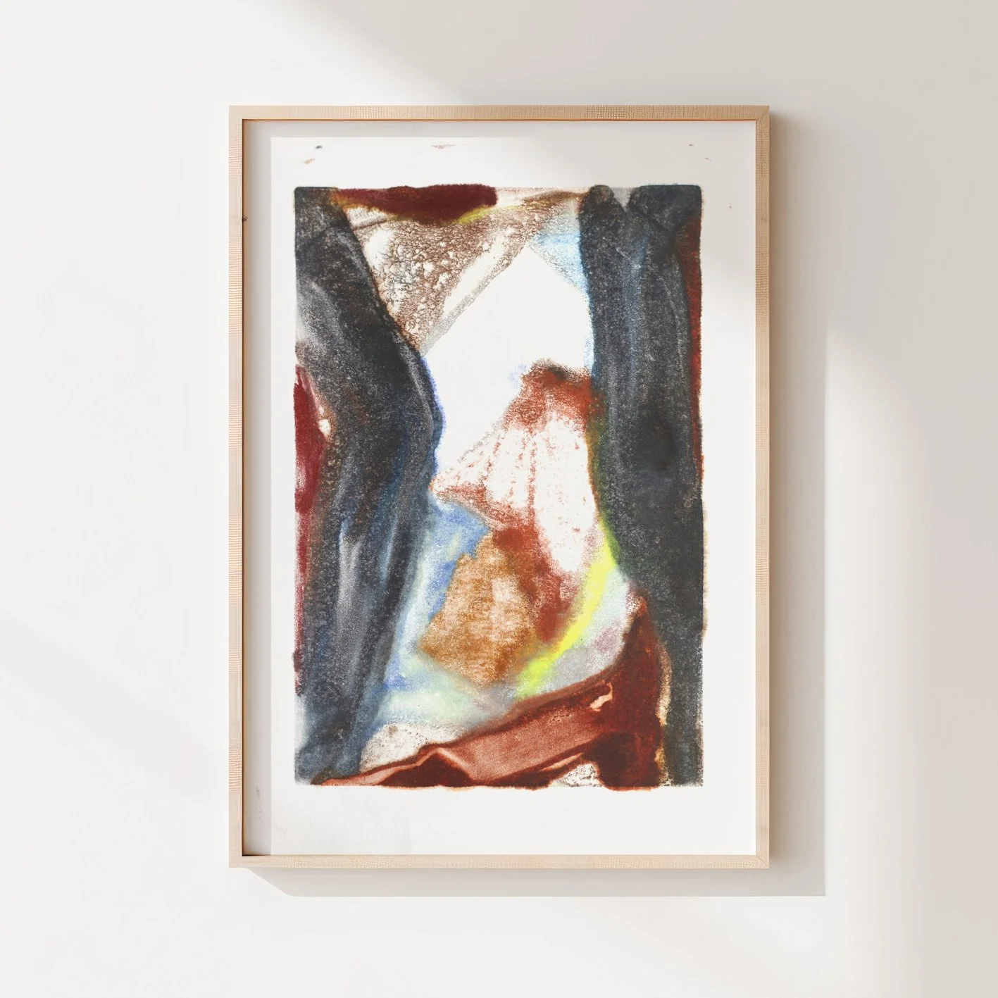 Divide by Melissa McGill, abstract encaustic monotype on abaca paper with dark charcoal forms framing an open passage of rust, blue, turquoise, and yellow-green.