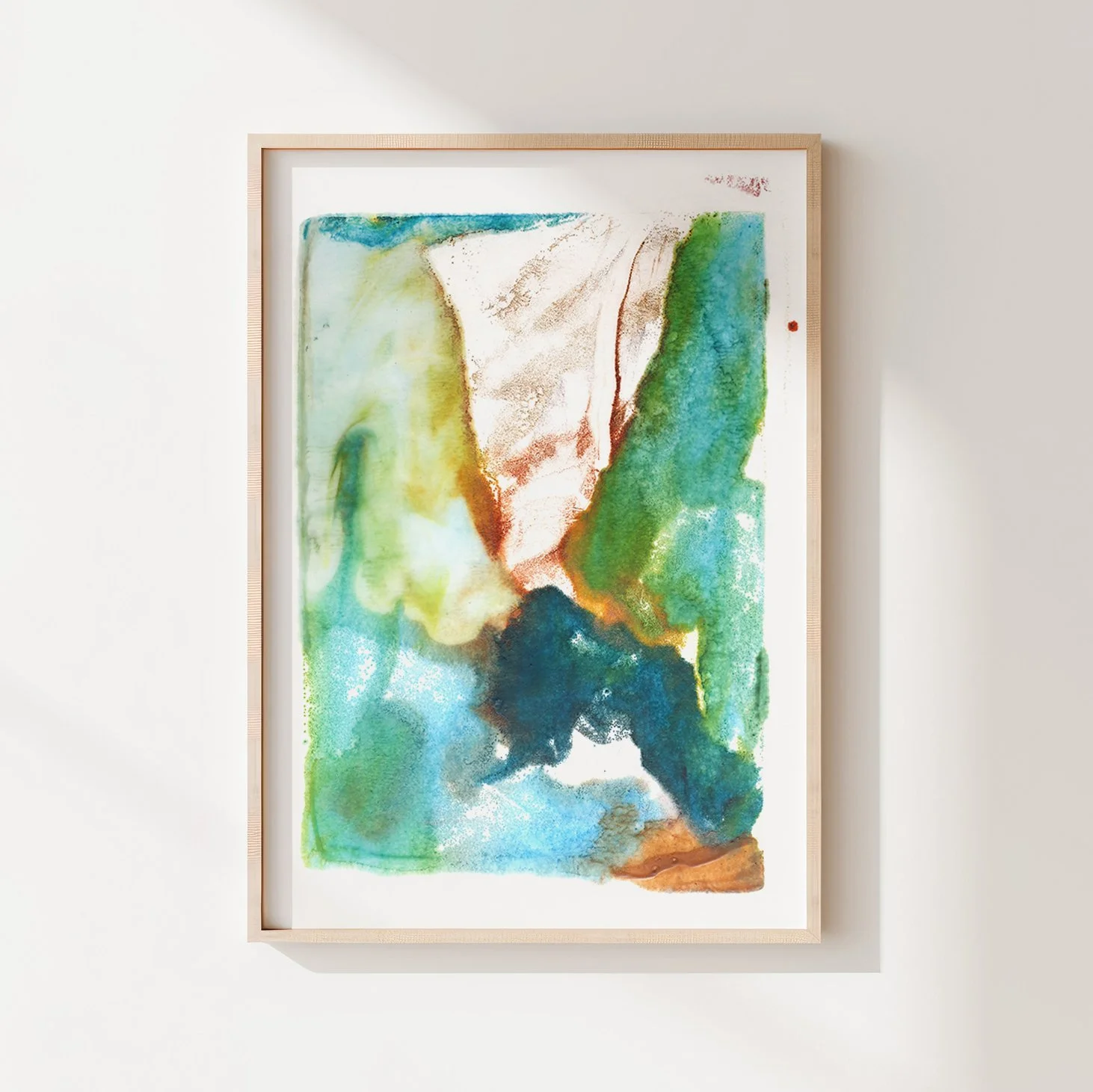 Confluence, abstract encaustic monotype on abaca paper by Melissa McGill, with translucent turquoise and green fields meeting deep blue and warm earth tones around an open central passage.