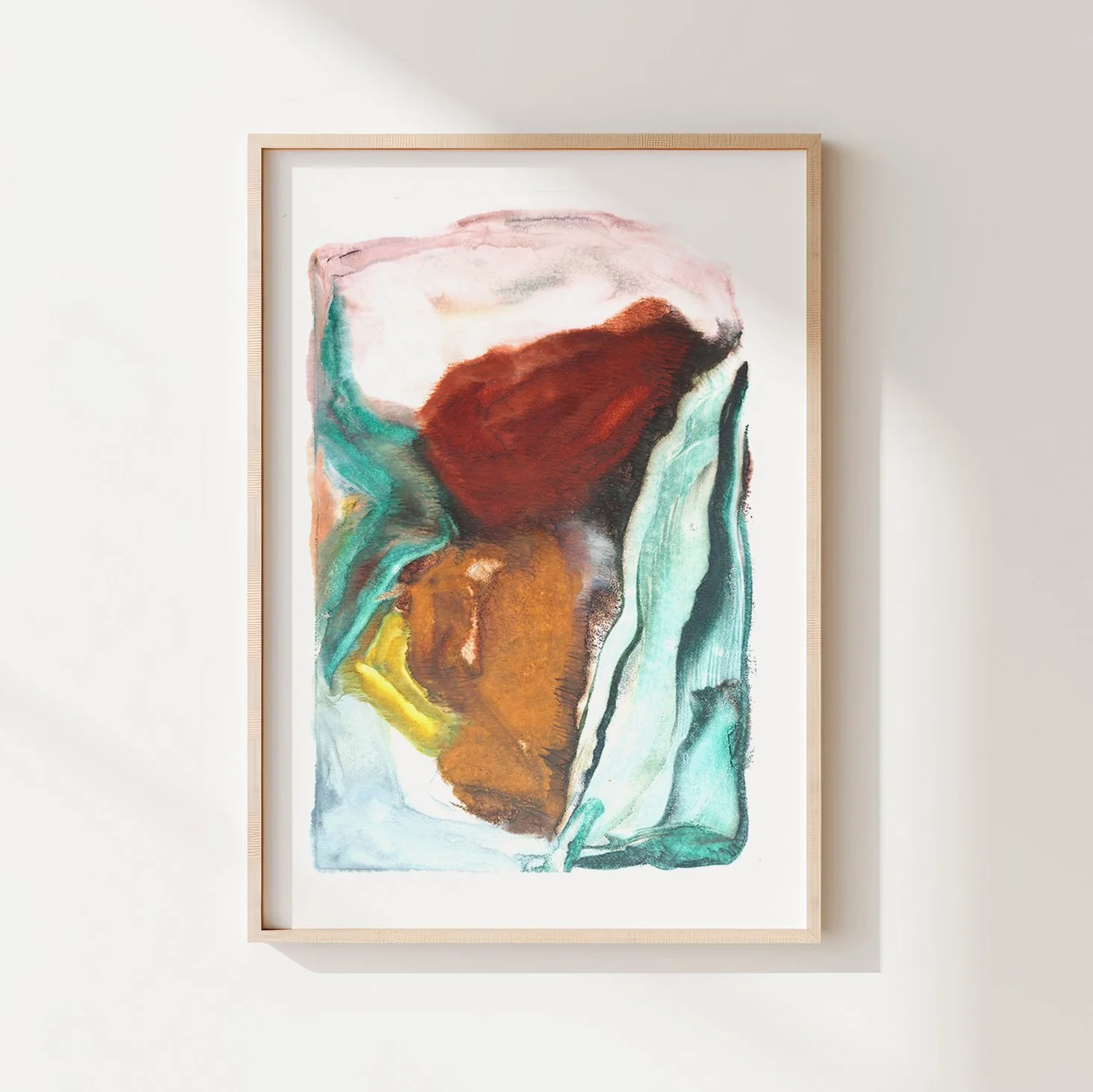 Basin by Melissa McGill, abstract encaustic monotype on abaca paper with a broad rust-red form above warm ochre, surrounded by turquoise, deep green, yellow, and pale pink, displayed in a natural wood