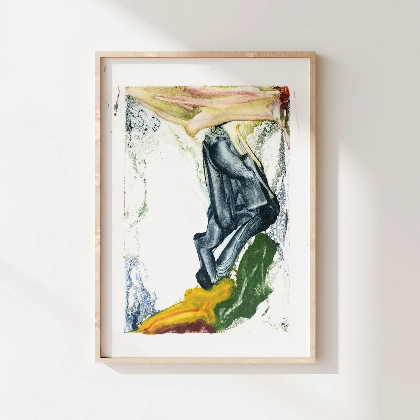 Drift by Melissa McGill, abstract encaustic monotype on abaca paper with a dark charcoal central form surrounded by green, yellow, pink, ochre, and blue-green passages.