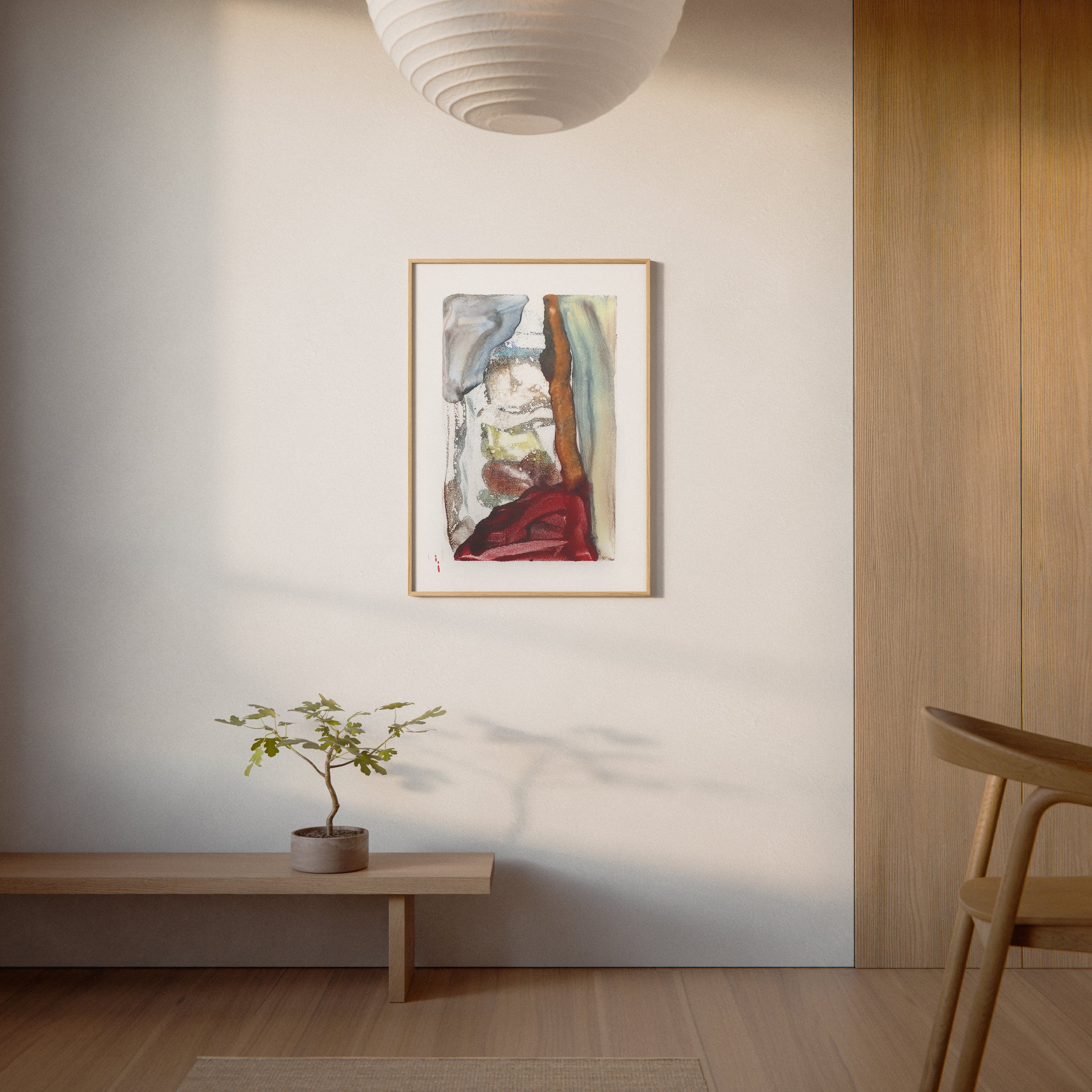 Fault by Melissa McGill displayed in a natural wood frame above a low wood bench in a warm minimalist interior.