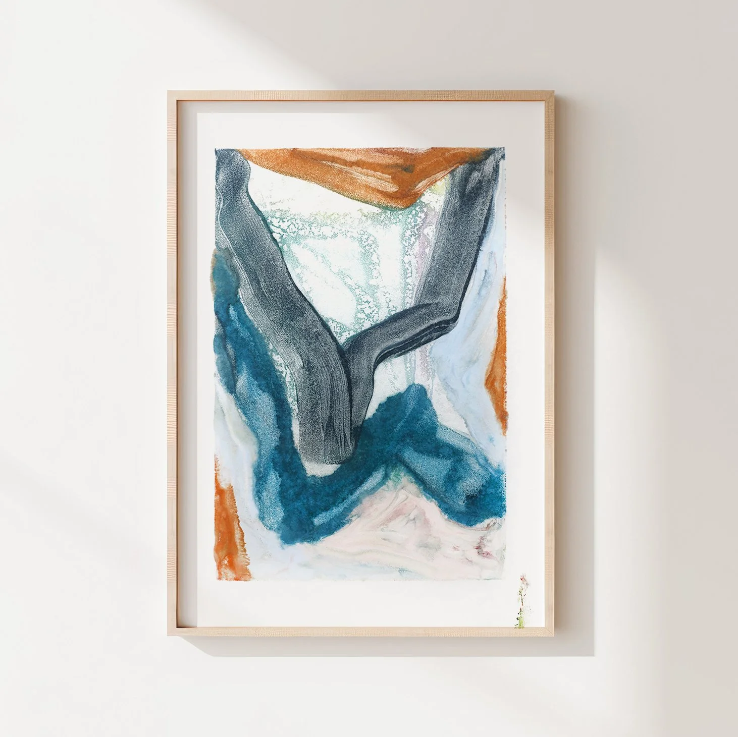 Tributary by Melissa McGill, abstract encaustic monotype on abaca paper with a branching charcoal form, deep blue, turquoise, pale aqua, and rust-orange passages.