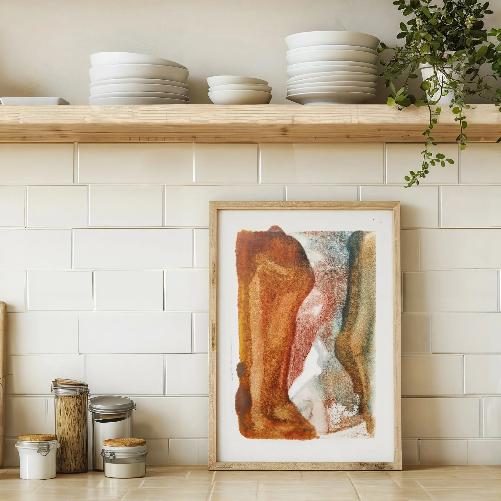 Arroyo by Melissa McGill displayed in a natural wood frame on a kitchen counter against white subway tiles, beneath wooden shelving with stacked dishes and greenery.