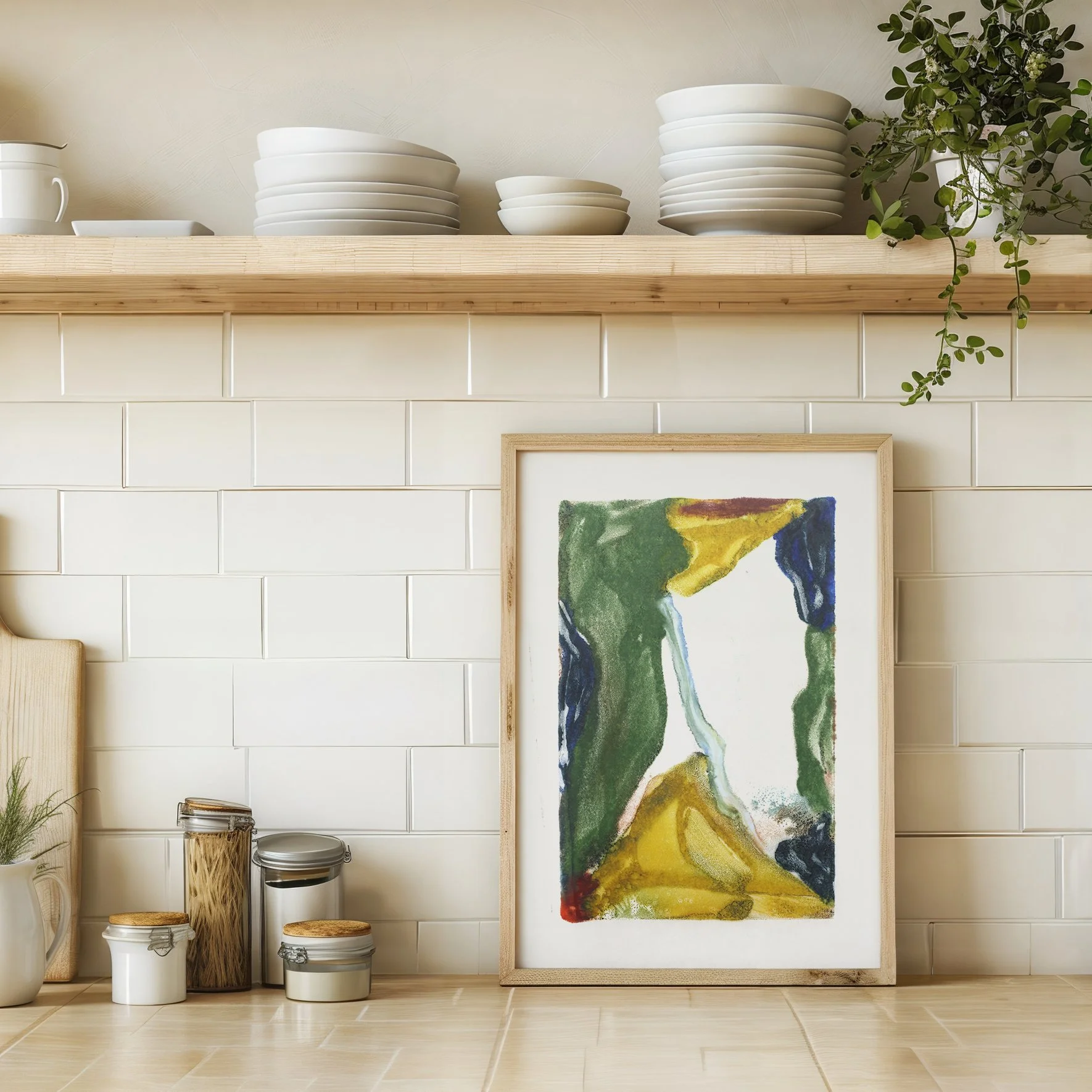 Headwaters by Melissa McGill, abstract encaustic monotype on abaca paper with green, ochre, deep blue, and pale blue forms, displayed in a natural wood frame in a modern kitchen.