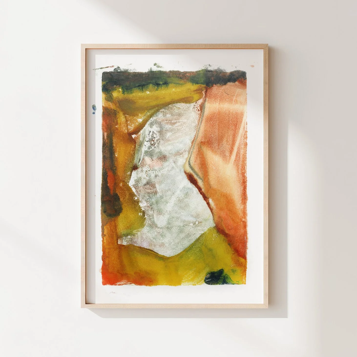 Floodplain by Melissa McGill, abstract encaustic monotype on abaca paper with ochre, rust-orange, yellow, and deep green fields surrounding a broad, textured pale gray-green interior.