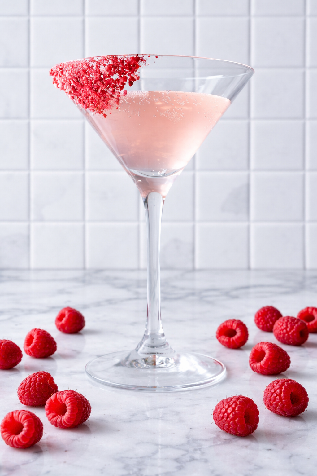 A martini glass filled with a raspberry lychee martini, garnished with freeze dried raspberry crumble, and surrounded by fresh raspberries on a white marble surface with a tiled white background.