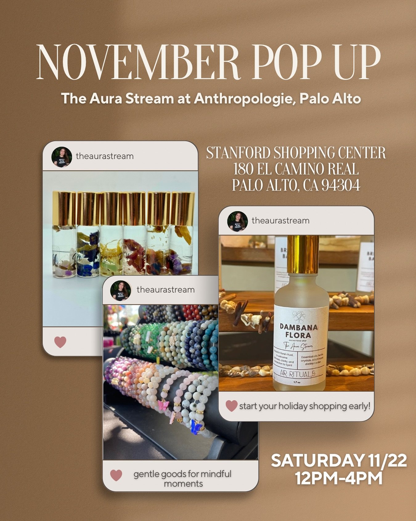 🛍️Join me at the @stanfordshop this Saturday, November 22nd from 12&ndash;4PM at Anthropologie Palo Alto @anthro_paloalto! We&rsquo;ll have a curated collection of self-care essentials&mdash;your favorites like essential oils, crystal bracelets, and