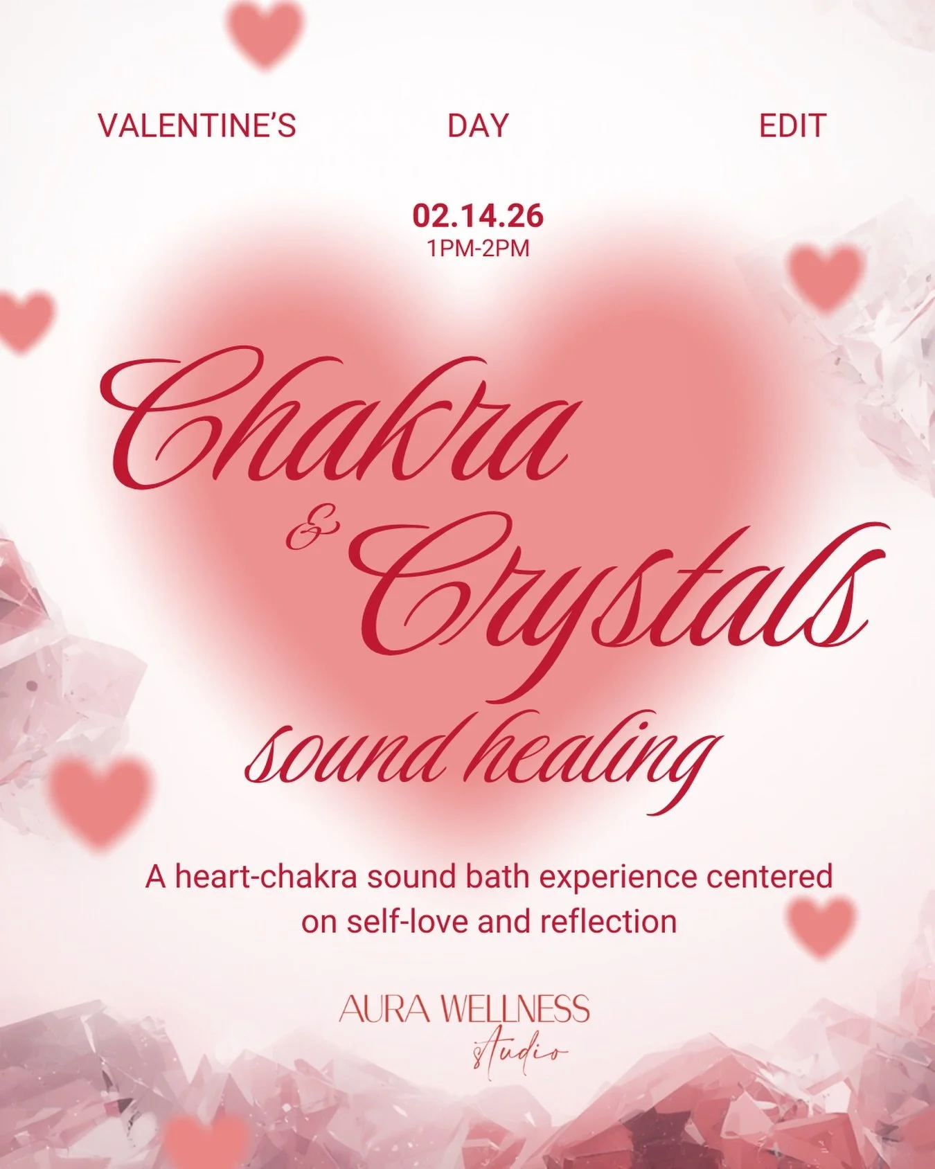 &hearts;️ A moment for the heart 🌹 

Join us on 2/14 at 1pm for a Valentine&rsquo;s Day Chakra &amp; Crystals Sound Healing rooted in sound, reflection, and connection at @aura.wellnessstudio 

We&rsquo;ll start with gentle grounding and intention s