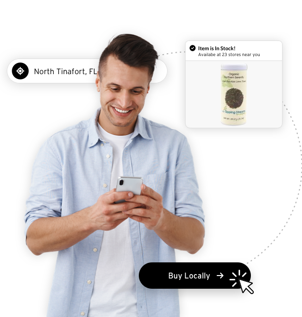 A smiling man using Locally to shop with his smartphone. A graphic overlays showing online shopping notifications including a backpack in stock and a 'Buy It Locally' button.