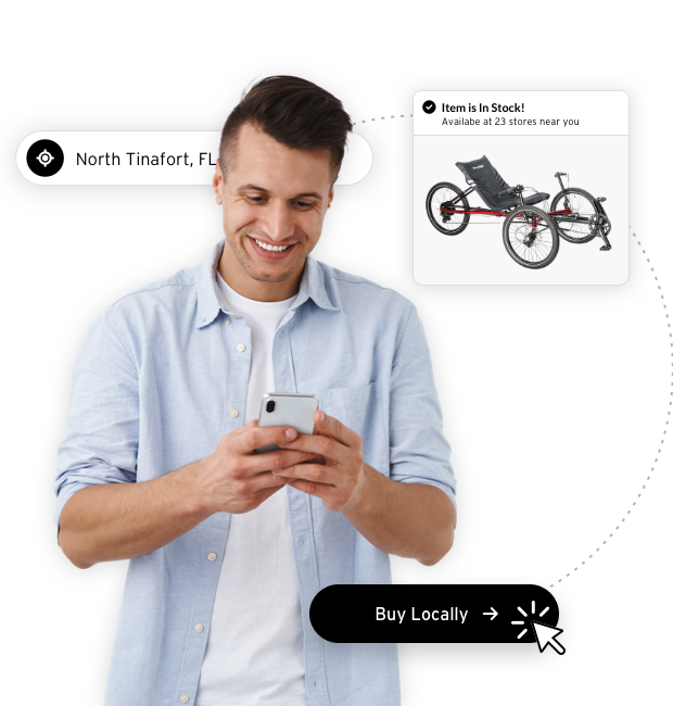 A man smiling while looking at his phone with a digital overlay showing a bike for sale, store location in North Tinefort, Florida, and an online shopping option to buy locally.