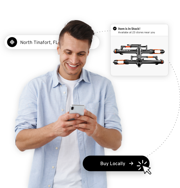 A smiling man in a light blue shirt looking at his smartphone with shopping notifications and a buy local button around him.