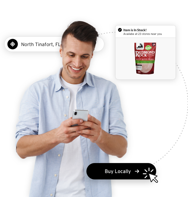 A smiling man using Locally to shop for supplements with his smartphone. A graphic overlay showing online shopping notifications including a backpack in stock and a 'Buy It Locally' button.