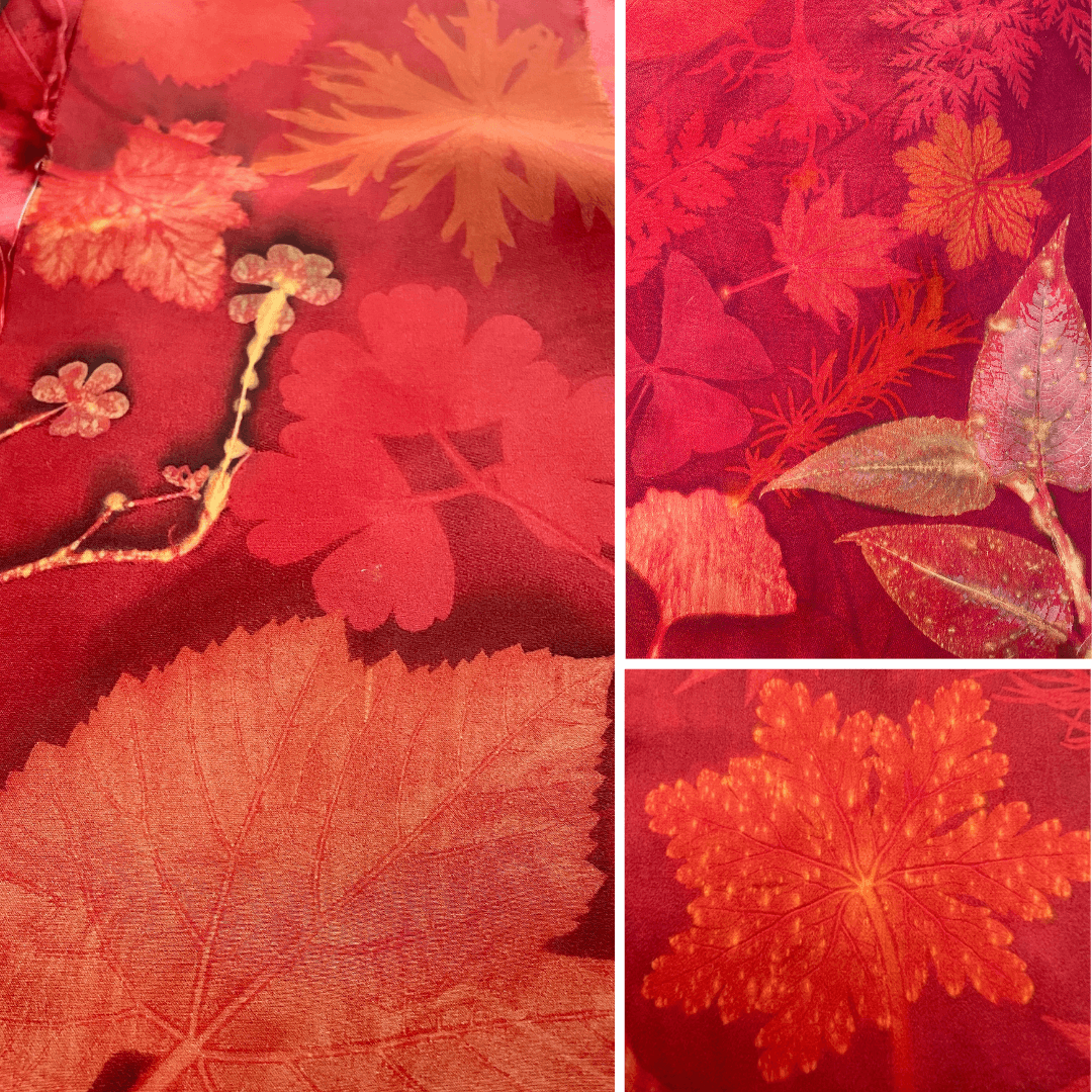 ecoprint using acid printing to reveal patterns on immersion dyed fabric