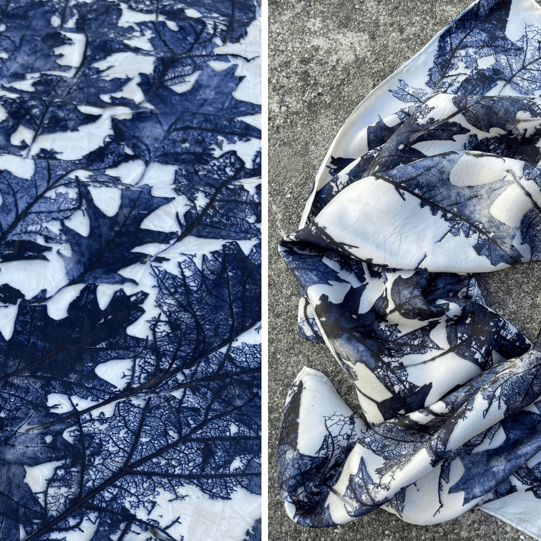 lace leaf ecoprint with delicate skeleton leaves creating detailed botanical textures