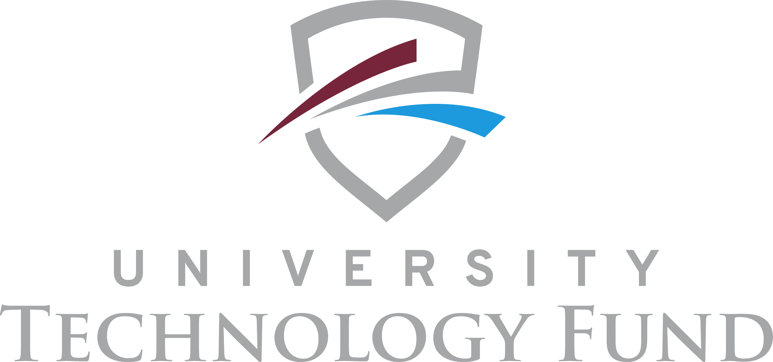 Logo for University Technology Fund, featuring a stylized shield with a multi-colored, curved design above the words 'UNIVERSITY TECHNOLOGY FUND' in bold gray and white text.