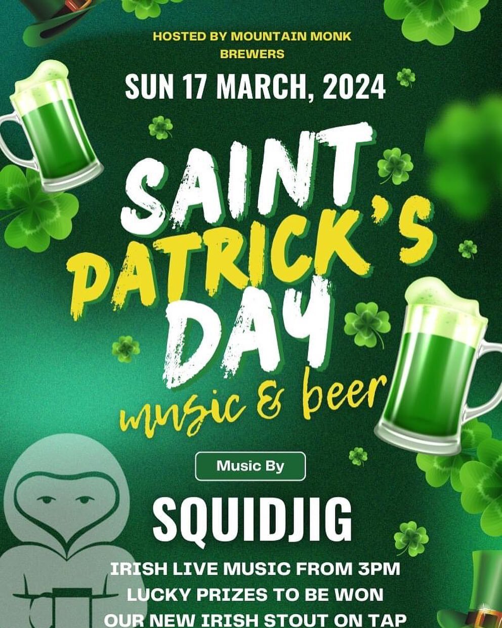 🍀 St. Patrick&rsquo;s Day Extravaganza! 🍀

🎶 Save the Date: Sunday, March 17, 2024 🎉

✅ Live Music by Squidjig starting at 3pm 🎵
✅ Enjoy our NEW Irish Stout on tap 🍺
✅ Delicious Food Specials🍀
✅ Lucky Prizes to be WON! 🎁

Don&rsquo;t miss out