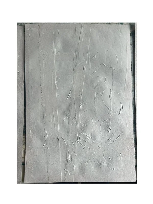 Once dry and flat, Gesso is layered over the sheet. It pro-tects, stabilises, and introduces texture. Application can be with brushes or any object that leaves or not a mark.