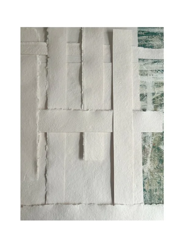 Sometimes I build from scrap.
I cut, rip, shred any acid-free paper, then layer it in varying shapes, patterns, and directions, guided by the image I plan to print. Acid-free glue holds the sheet together, and I carefully manage its thickness and wei
