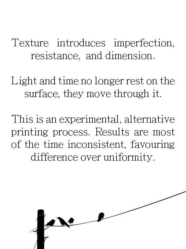 Texture introduces imperfection, resistance, and dimension.
Light and time no longer rest on the surface, they move through it.
This is an experimental, alternative printing process. Results are most of the time inconsistent, favouring difference ove