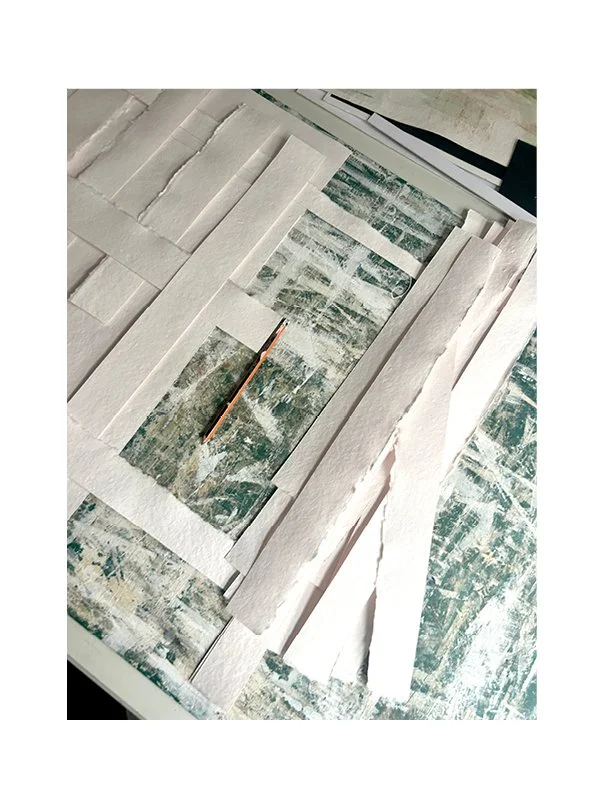 Sometimes I build from scrap.
I cut, rip, shred any acid-free paper, then layer it in varying shapes, patterns, and directions, guided by the image I plan to print. Acid-free glue holds the sheet together, and I carefully manage its thickness and wei