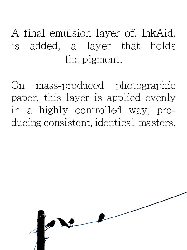 A final emulsion layer of, InkAid, is added, a layer that holds the pigment.
On mass-produced photographic paper, this layer is applied evenly in a highly controlled way, producing consistent, identical masters.