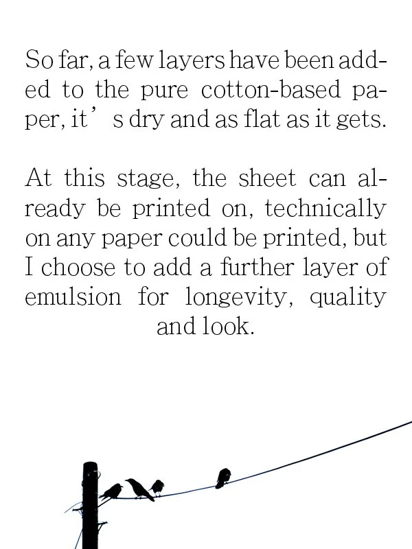 So far, a few layers have been added to the pure cotton-based pa-per, it' s dry and as flat as it gets.
At this stage, the sheet can already be printed on, technically on any paper could be printed, but I choose to add a further layer of emulsion for