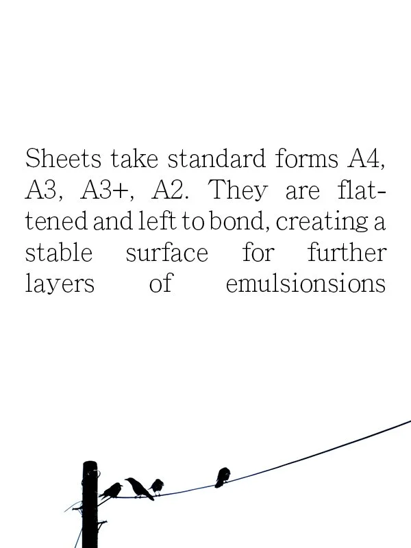 Sheets take standard forms A4, A3, A3t, A2. They are flattened and left to bond, creating a stable surface for further layers of emulsionsions