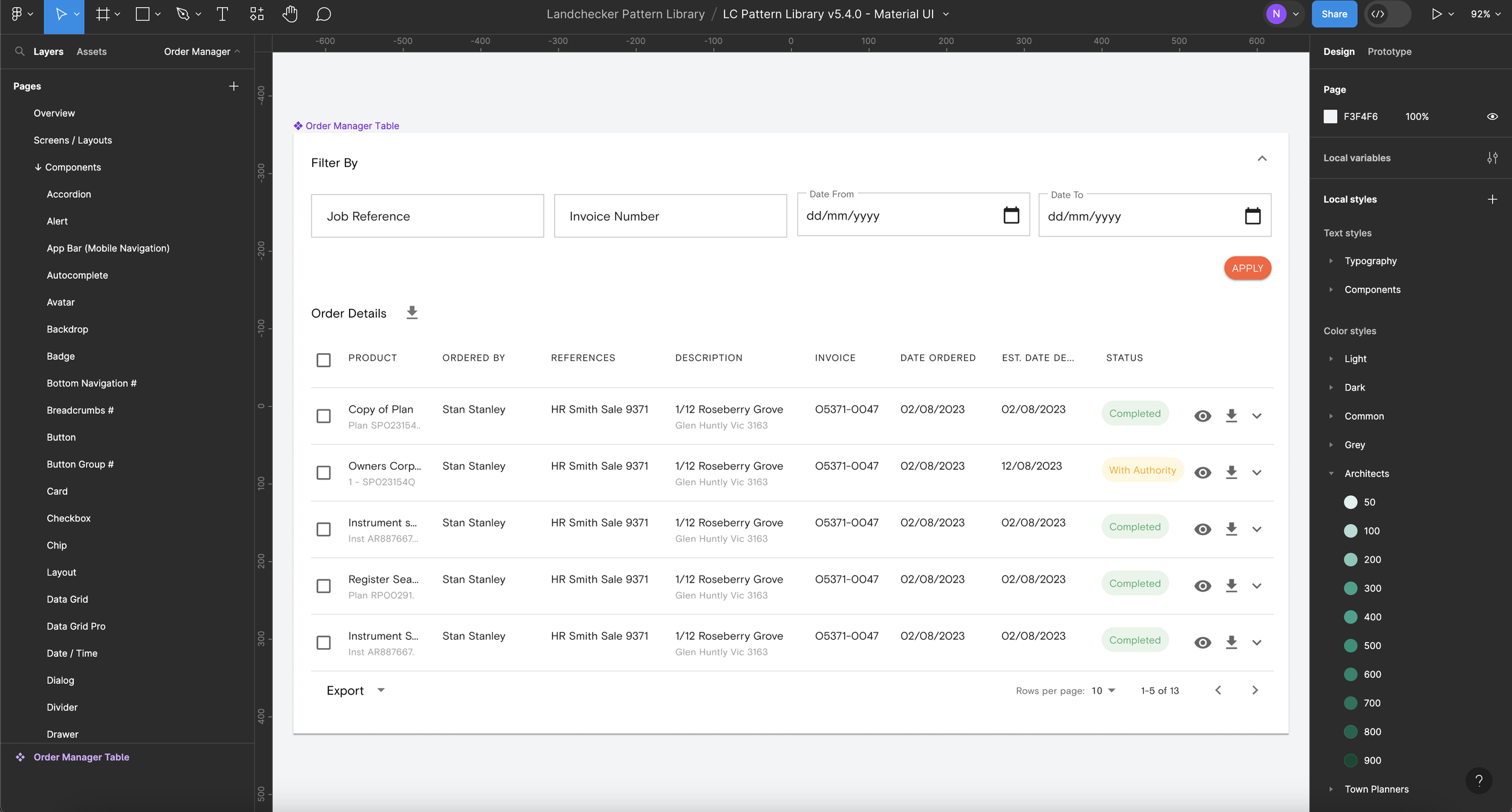 Order manager table component in the LC pattern library