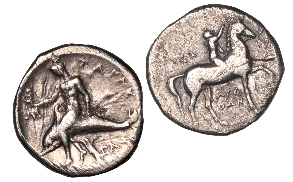 Ancient silver coins featuring a figure riding a horse with a spear and a the ancient 'Delphinus' dolphin, with Arion riding on top. Greek mythology reference..
