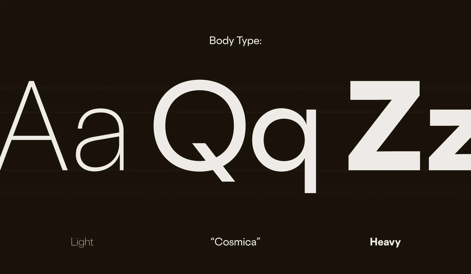 A graphic displaying different font weights for the alphabet, labeled from light to heavy, with the middle font named 'Cosmica'. Created for Canopy, influencer marketing, designed by Asa Rodger at Page®.