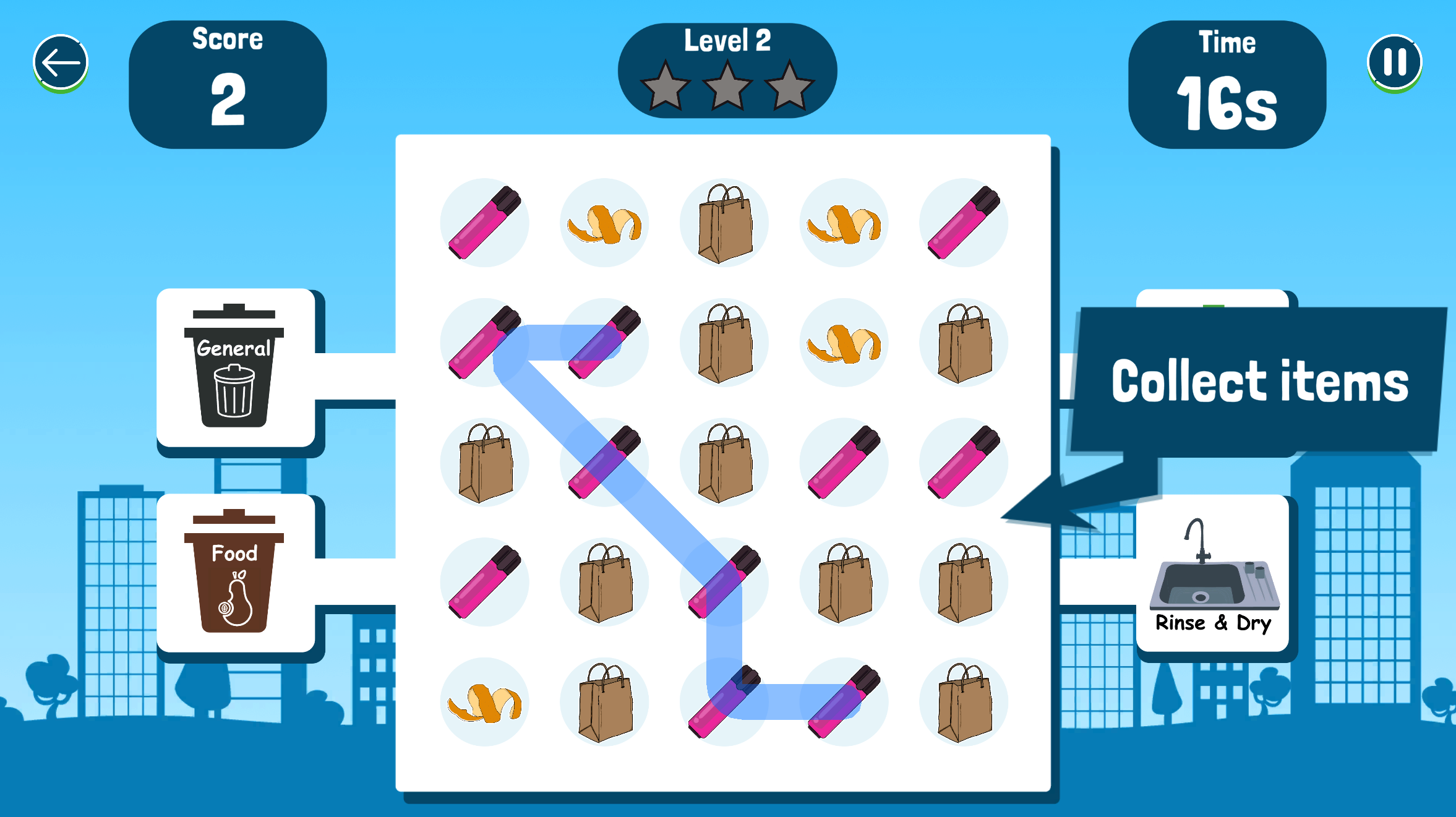 A matching game on a screen with a cityscape background, featuring icons of a lipstick, a bag, and a conference sign with a sink. The game displays a score of 2, level 2, and 16 seconds remaining, with a prompt to collect items.