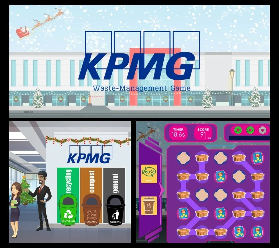 Screenshots of a corporate sustainability game that makes office recycling and waste management fun
