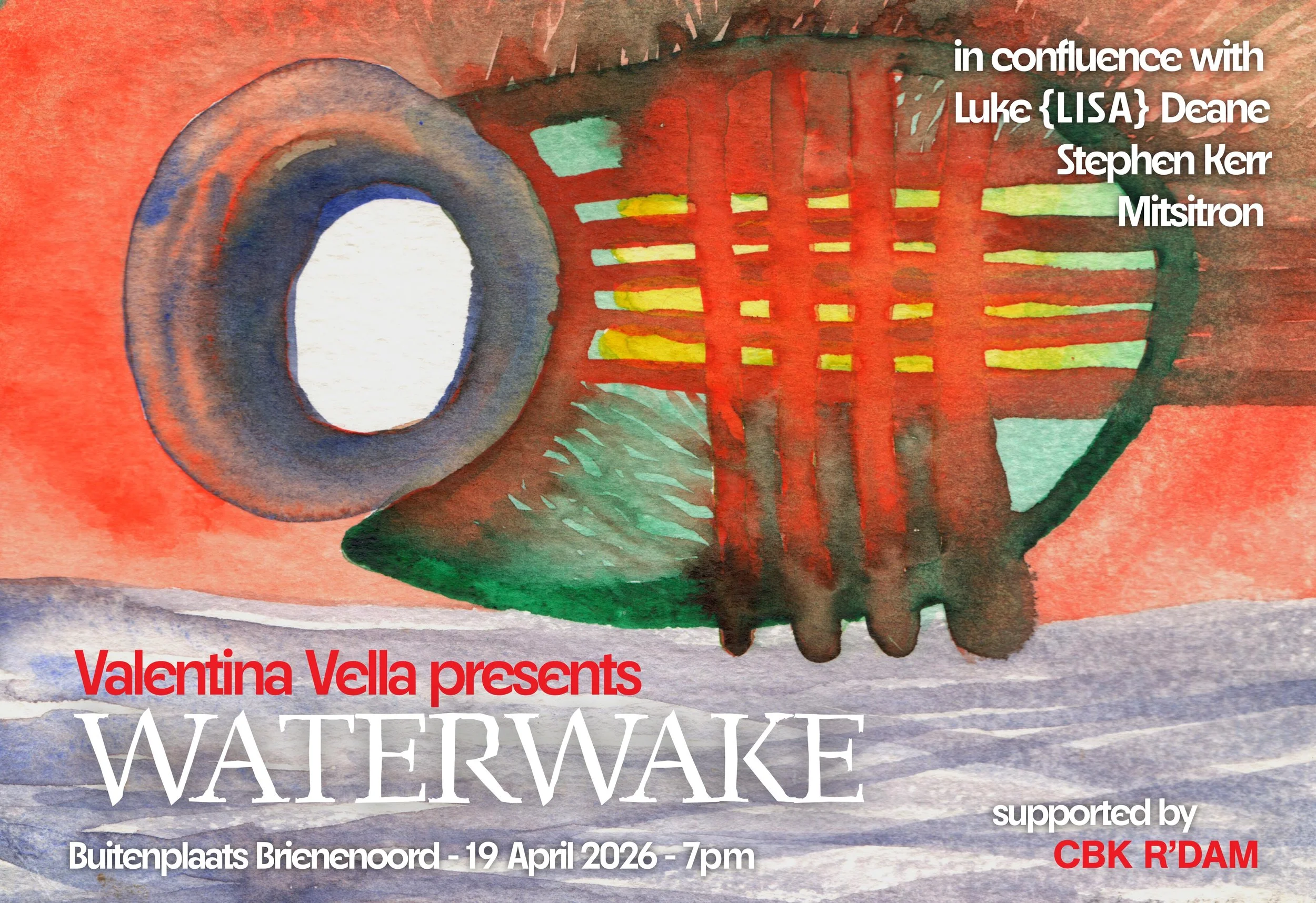 Watercolor painting of an abstract shape with bold colors of red, blue, green, and yellow, accompanied by white and black accents. The image features a textured background with brush strokes visible. It's the poster of a performance called WATERWAKE