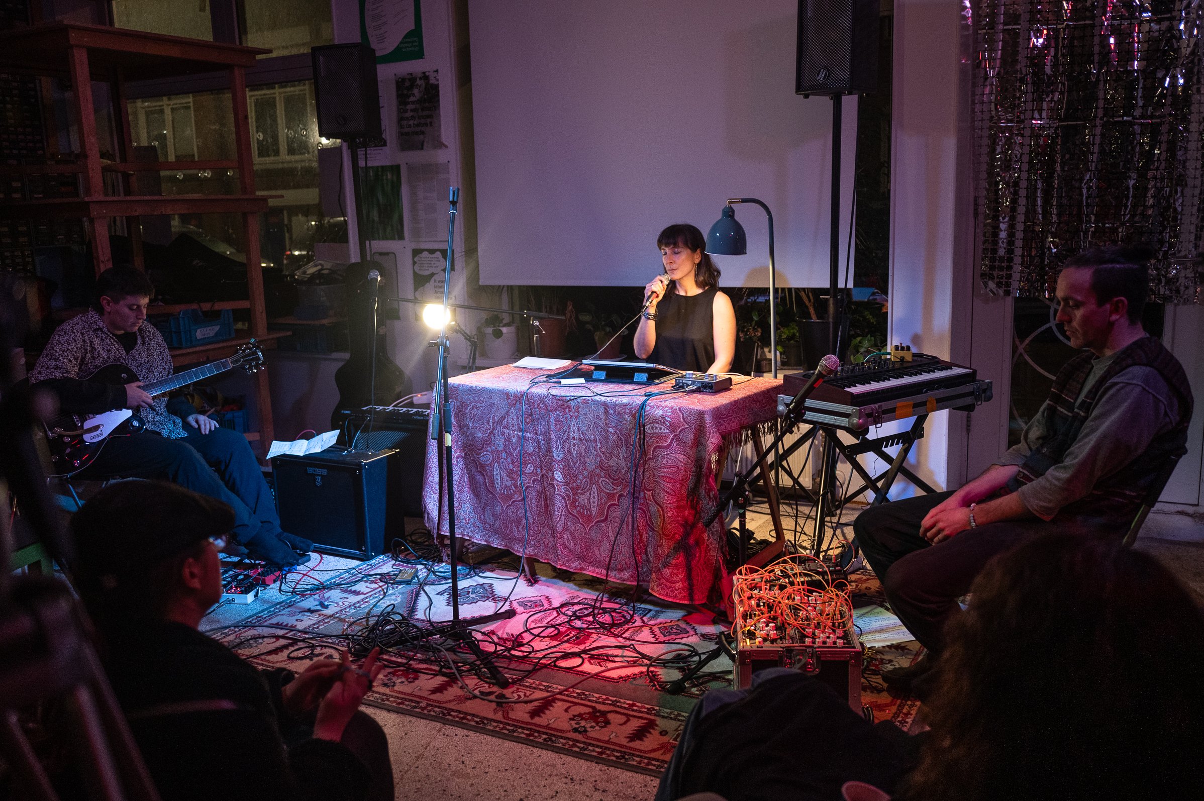 A woman singing at an indoor music performance, with a guitarist sitting nearby and audience members watching.