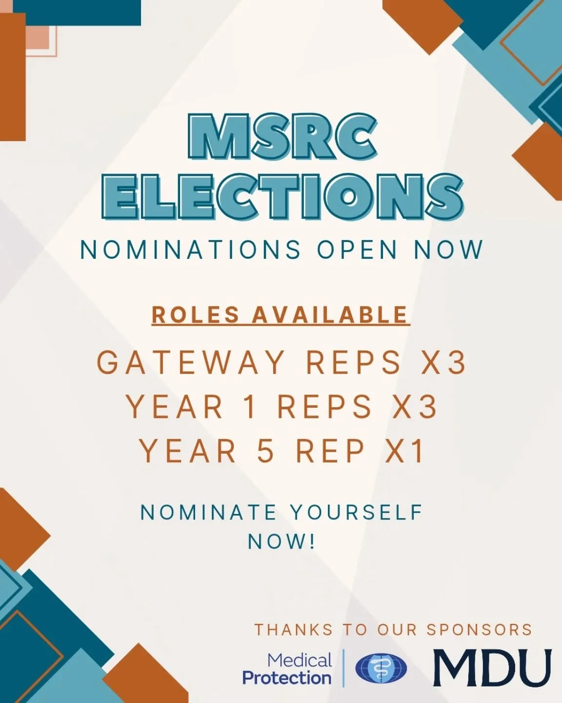 Join MSRC!

Nominations are now open for the following positions: Gateway reps (x3), Year 1 reps (x3) and Year 5 rep (x1)

Head to LUU Engage to nominate yourself before the 5th October.