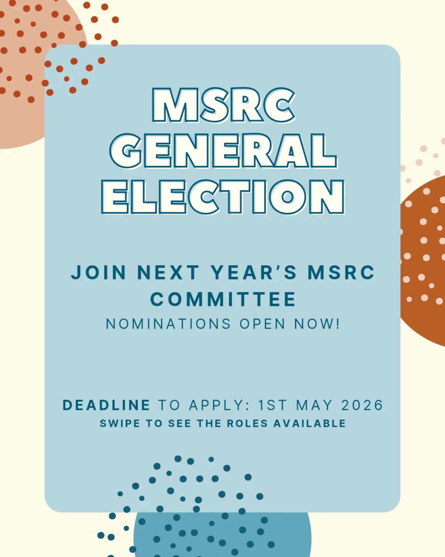 📢 Join next year's MSRC committee!

Nominations are now open for our general election! Deadline to apply is the 1st May so nominate yourself today. Swipe to learn a little bit more about the roles available.