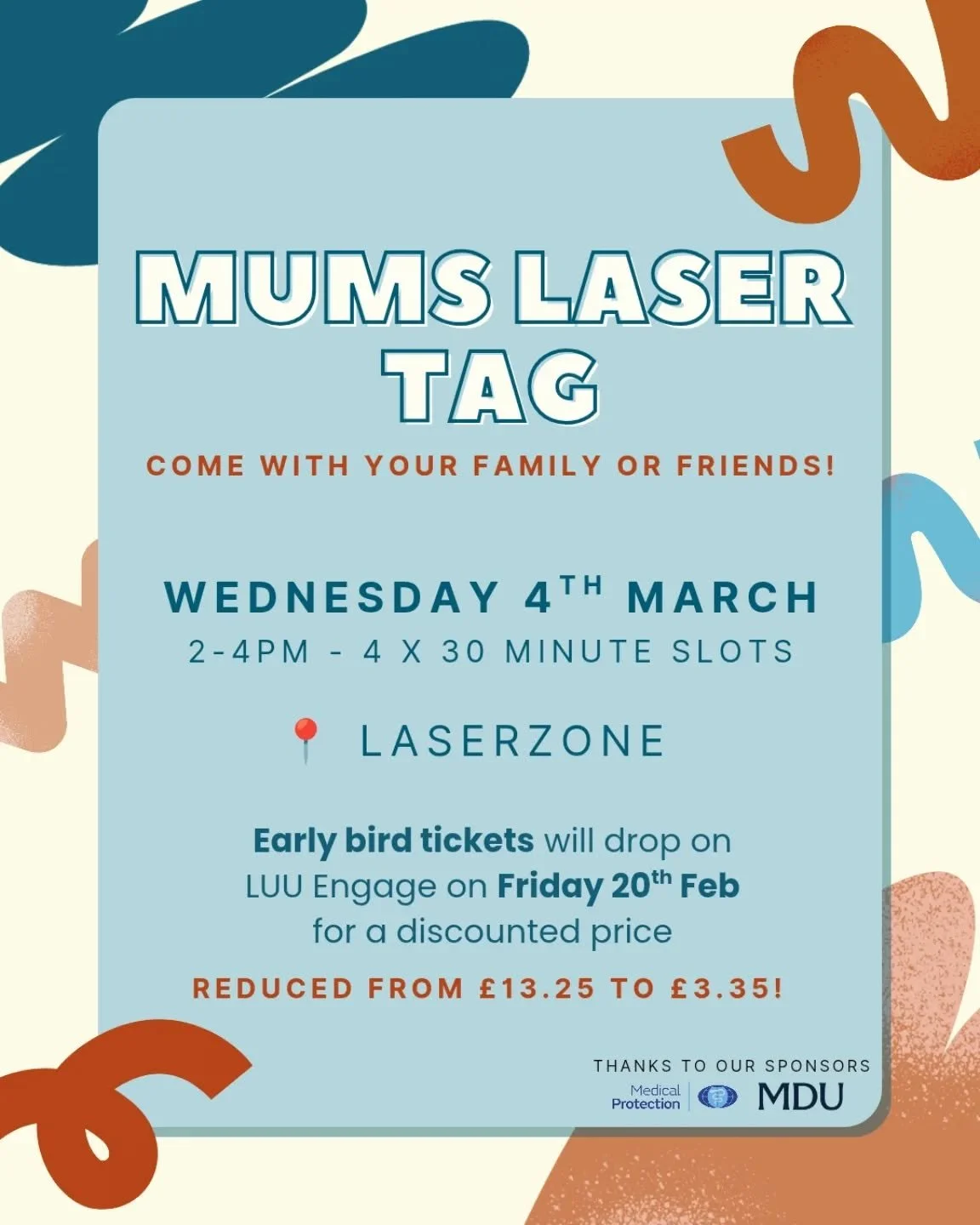📢 MUMS Laser Tag Event 📢

Come and join us for our MUMS laser tag event on Wednesday 4th March. Bring your medic family or come with friends!

Tickets are on LUU Engage now at a heavily reduced price of &pound;3.35 instead of &pound;13.25. Get your