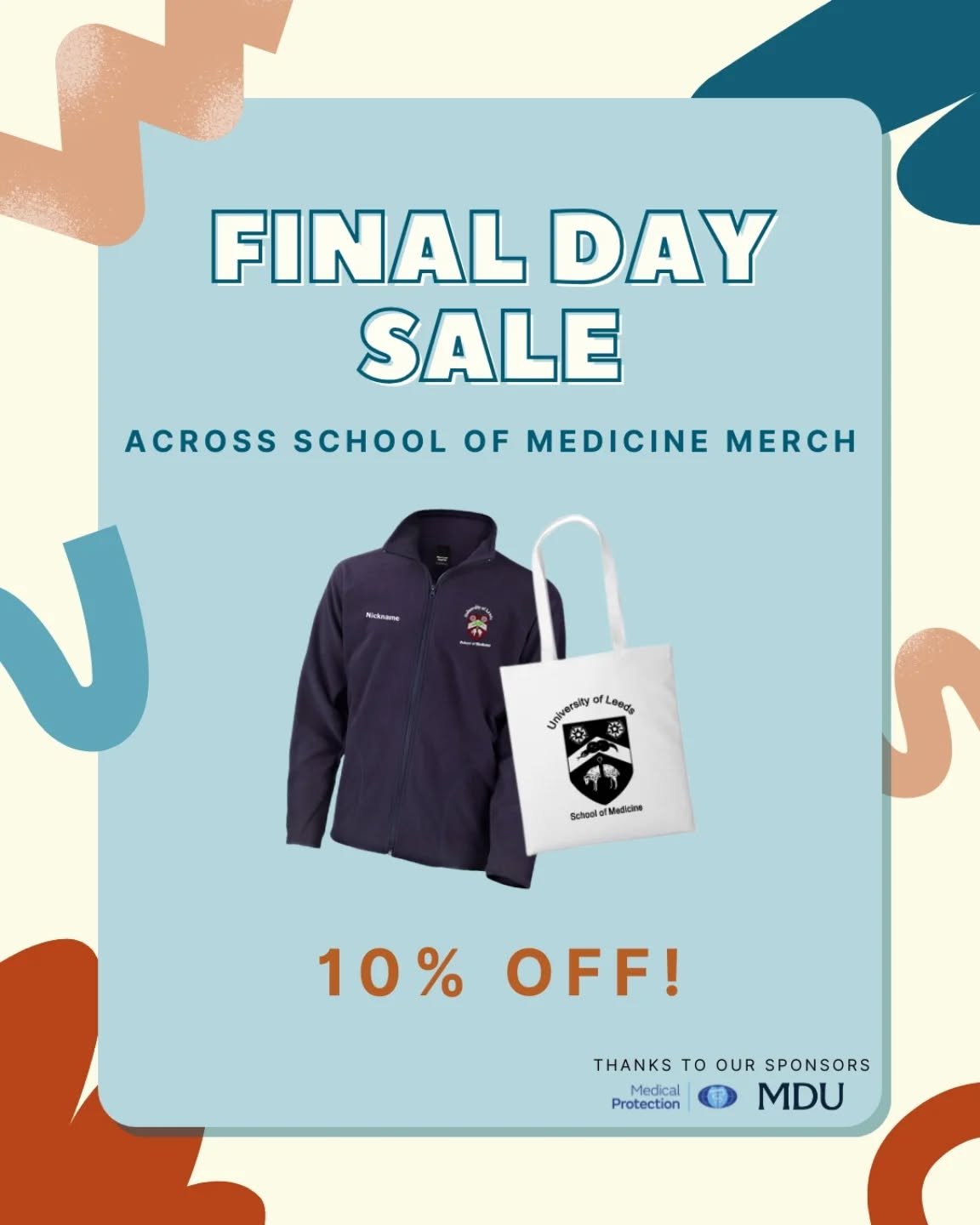 🚨 FINAL DAY MERCH SALE 🚨

 This is your final chance to get school of medicine merch for this year because the order form closes tomorrow at midnight!

From today until 12 pm tomorrow we have a special 10% discount across our School of Medicine mer