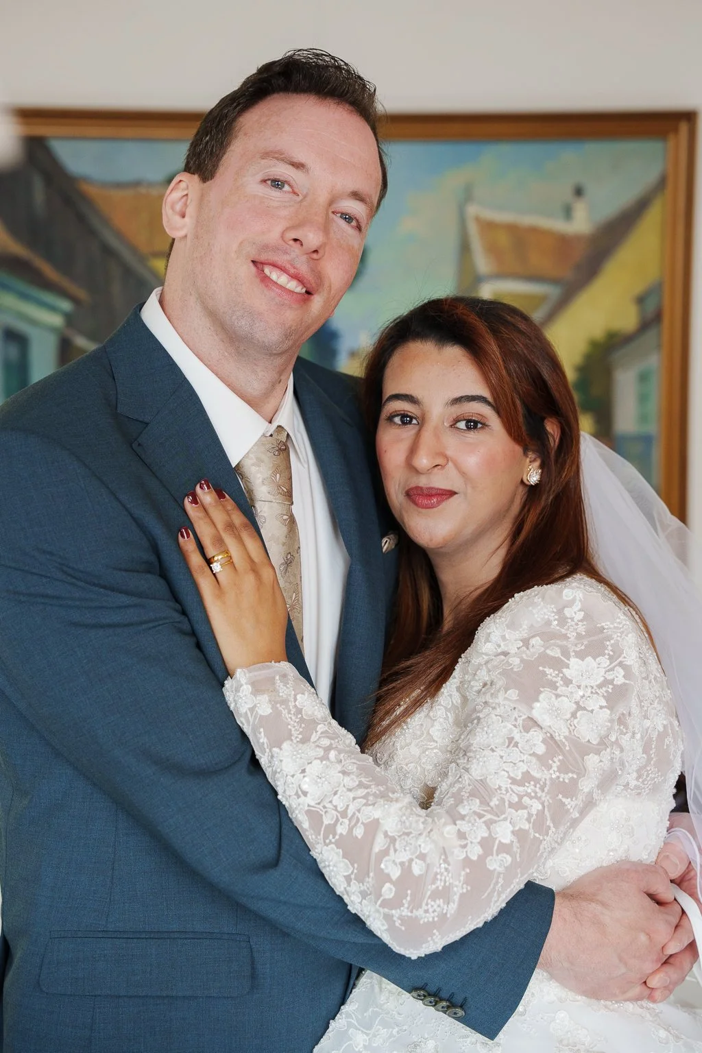 Wedding couple portrait at Aeroe City Hall.