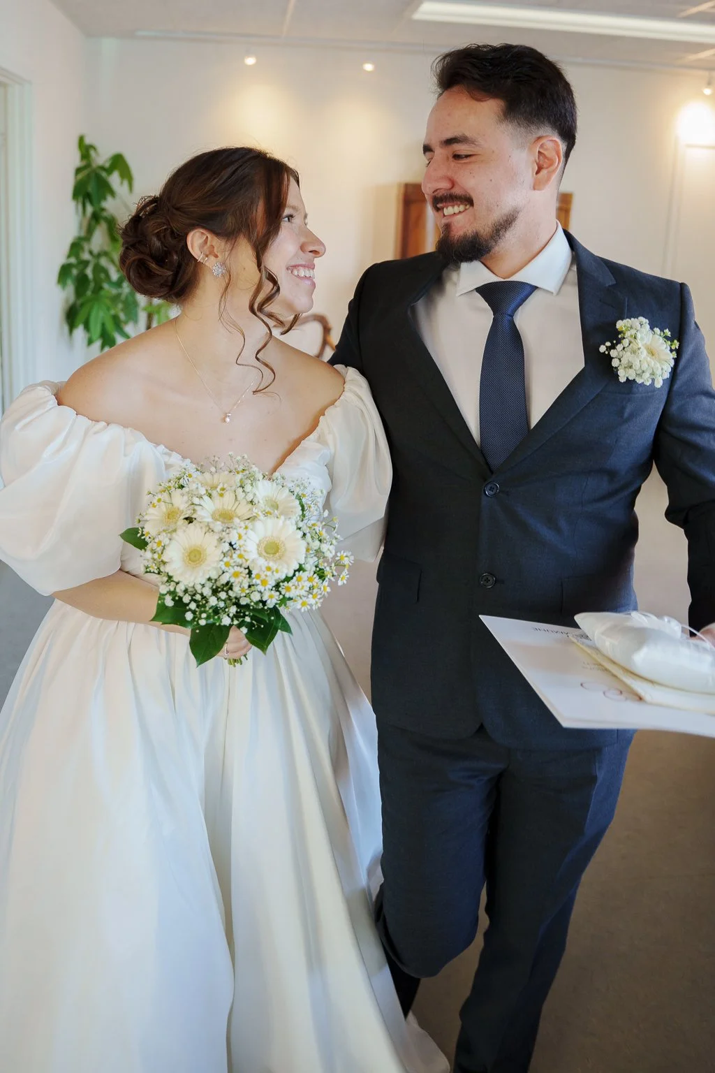 A happy couple in the moments after wedding ceremony at Aeroe City Hall.